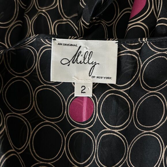 NEW Milly Circle Print Silk Wrap Blouse in Black Size 2 - Picture 5 of 6